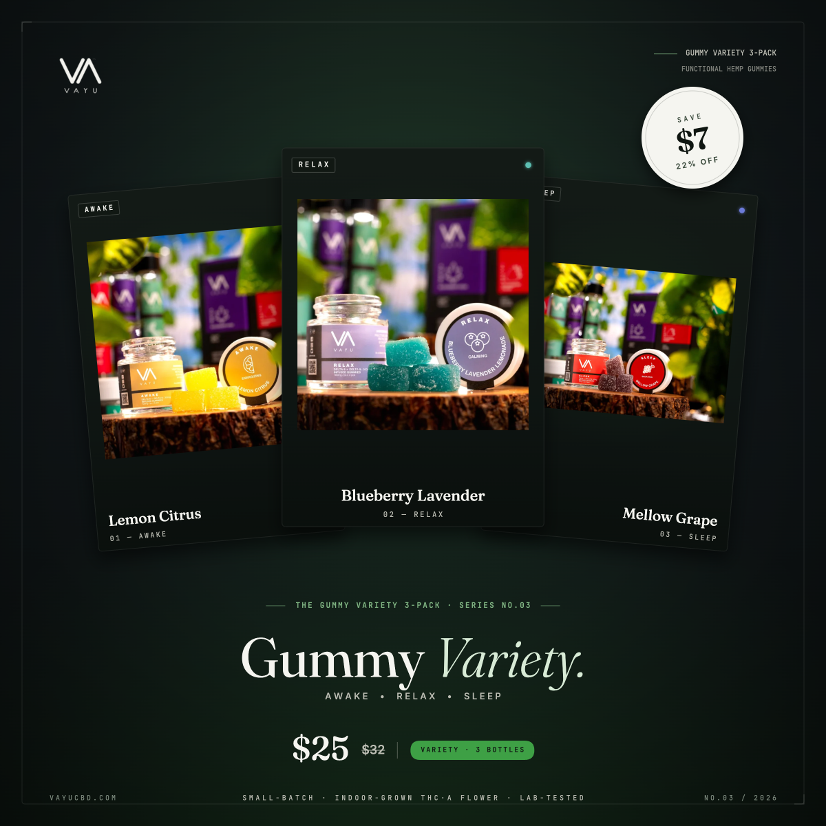 Promotional image for Vayu gummy variety 3-pack featuring three dark cards with product photos and a central Blueberry Lavender jar set; price $25.
