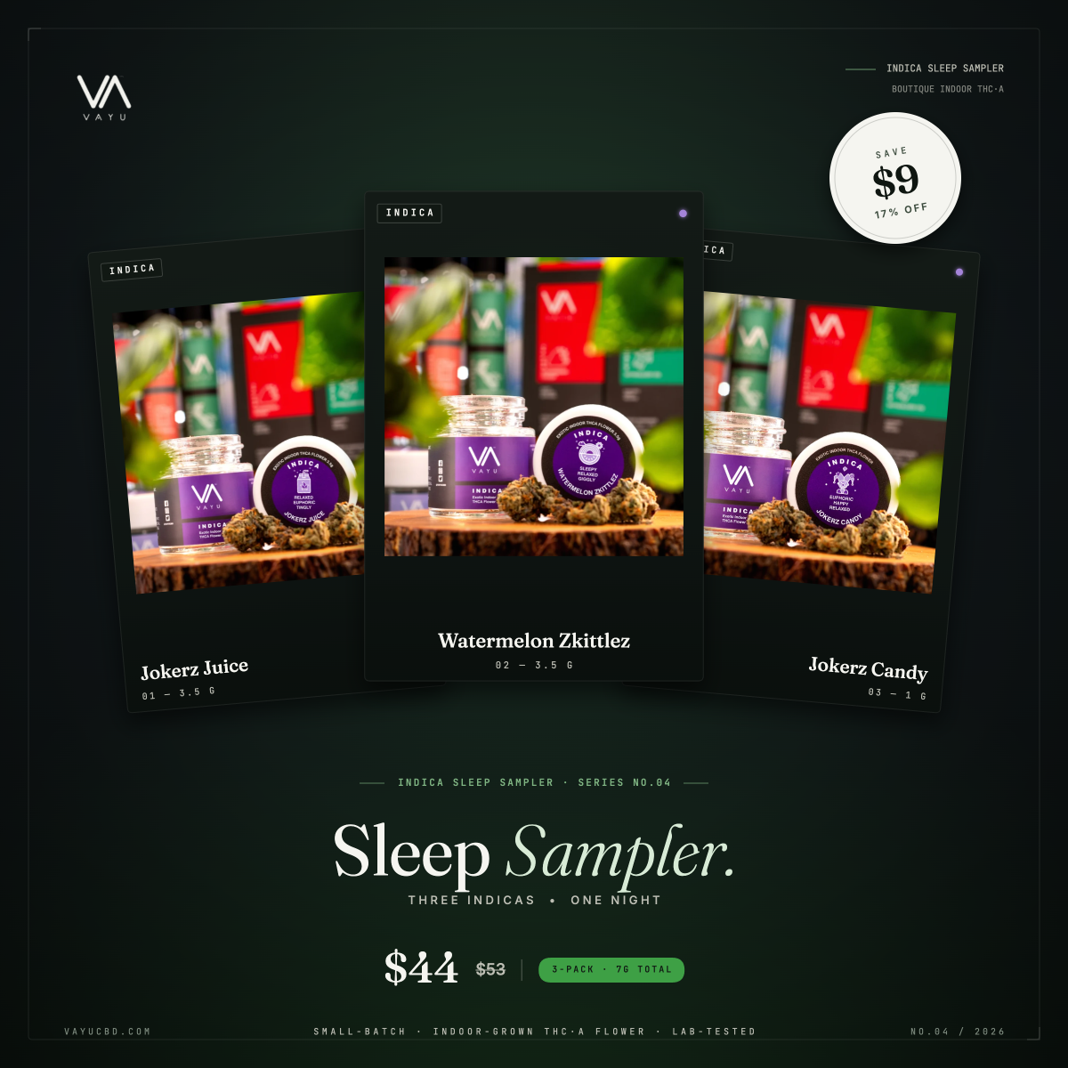 Three angled product cards advertise the Sleep Sampler (Watermelon Zkittlez, Jokerz Juice, Jokerz Candy) against a dark green gradient background.