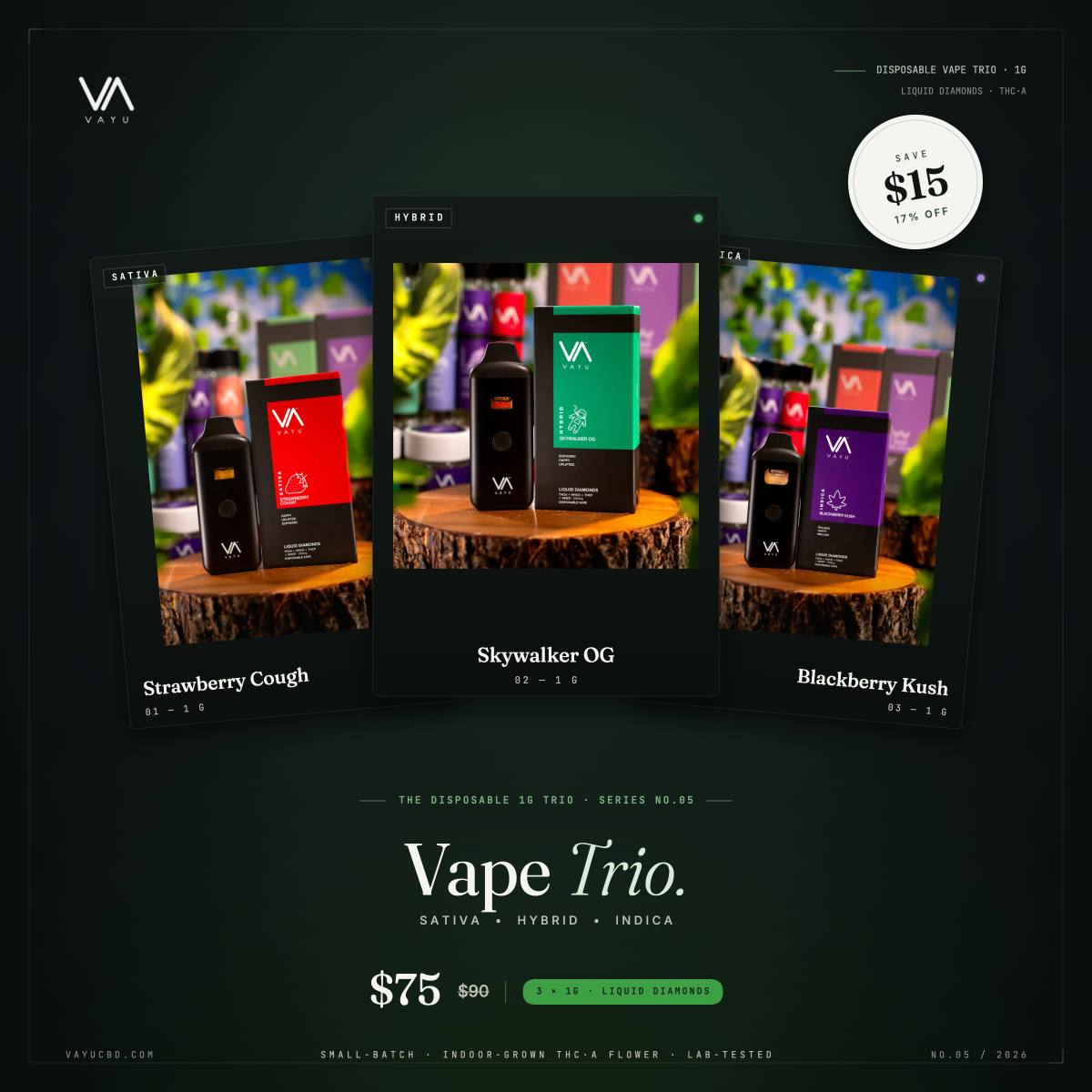 Promo poster for Vape Trio 1G with three product cards: Strawberry Cough, Skywalker OG, and Blackberry Kush, set on a dark gradient background.