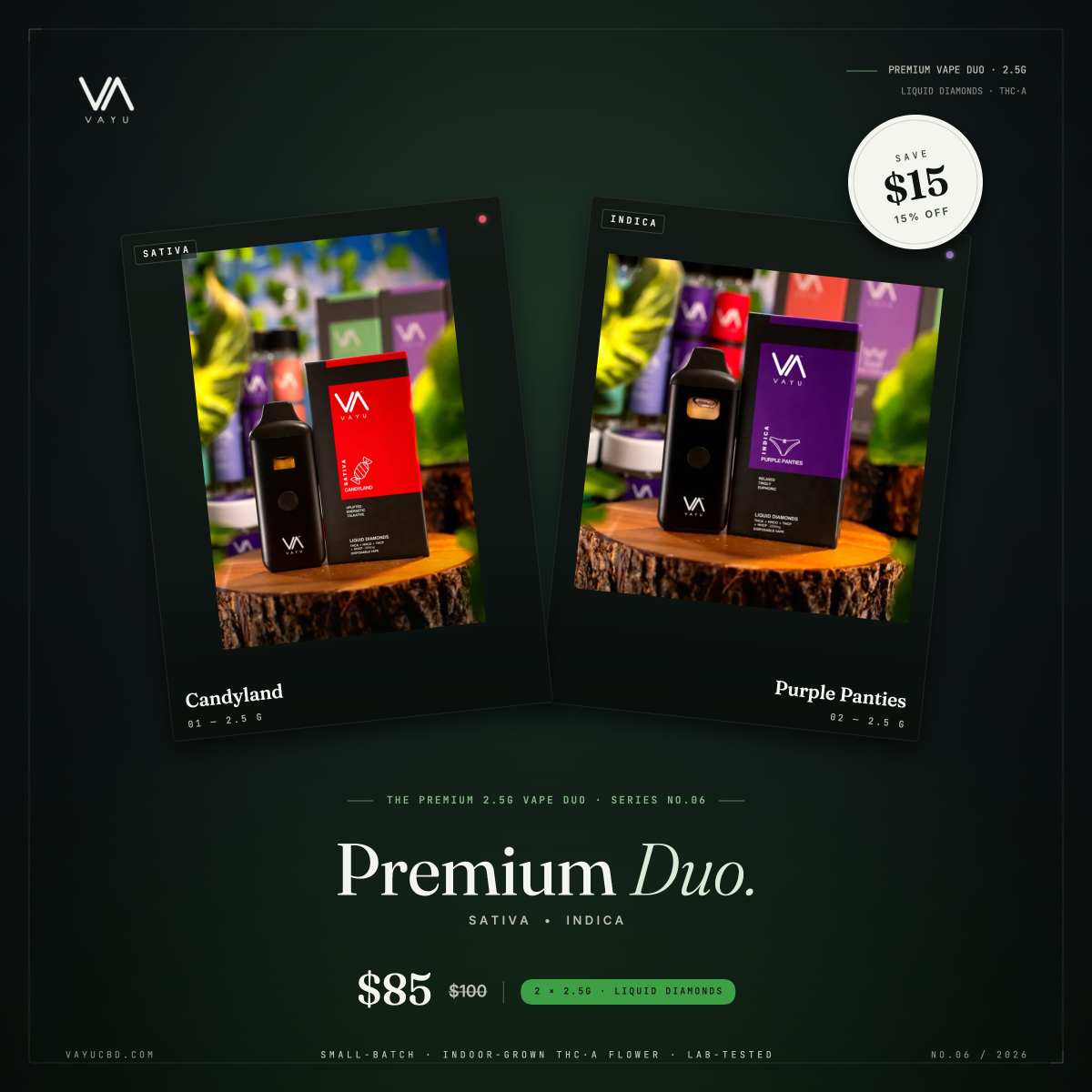Two angled product cards show VA Vayu vape duo boxes labeled Sativa and Indica on a wood slice backdrop, with a $85 price tag below.