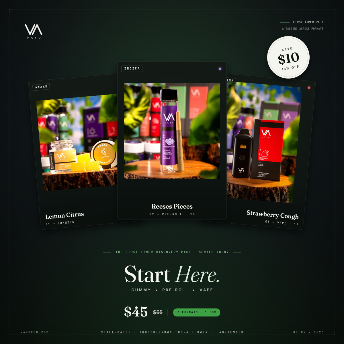 Hero promo for VAYU first-timer pack showing three angled product cards: Lemon Citrus gummies, Reeses Pieces pre-roll, and Strawberry Cough vape; Save $10 badge visible.