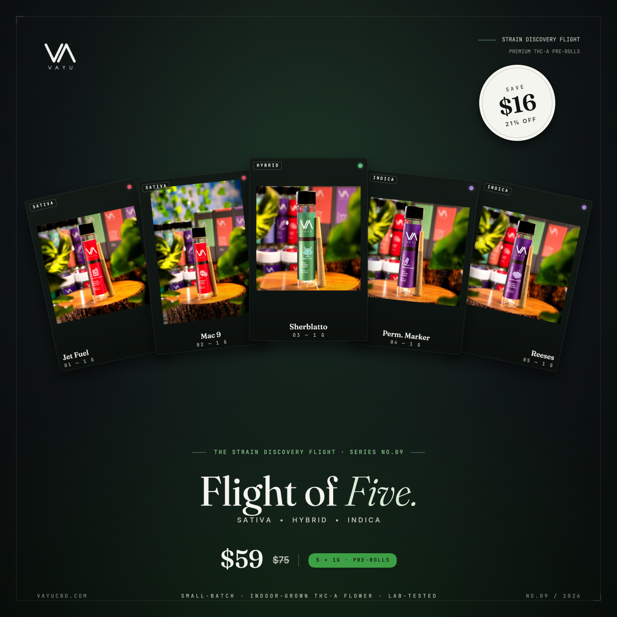 Promotional poster for Vayu Flight of Five: five product cards fanned in a dark gradient, labeled Sativa/Hybrid/Indica, with a $59 price and a 'Save $16' badge.