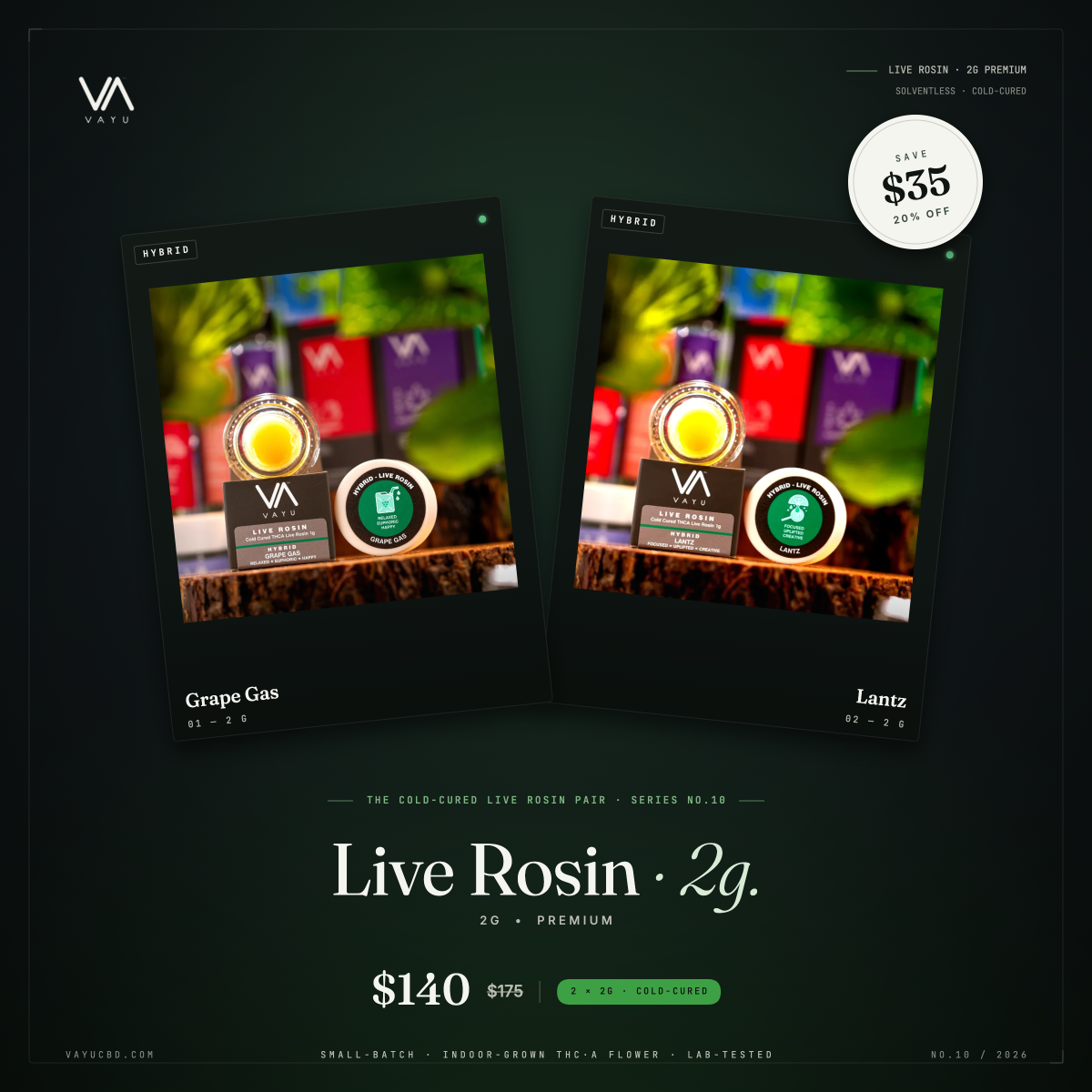 Promotional poster for Live Rosin 2g cannabis product with two tilted product cards, green glow background, and $140 price.