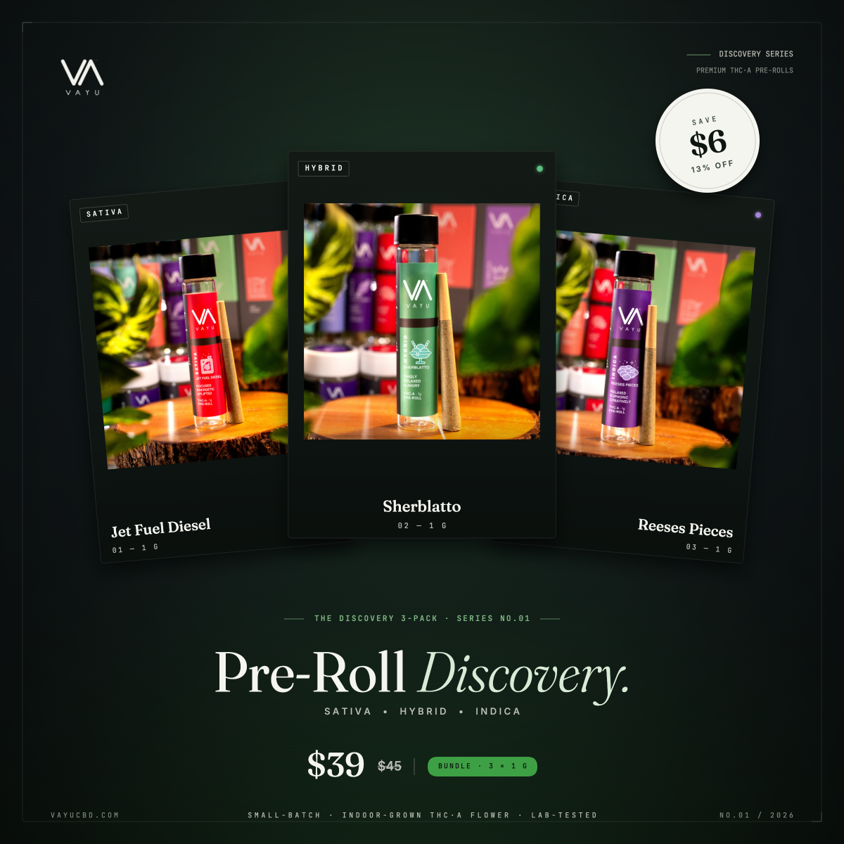 Promo image for Vayu Pre-Roll Discovery pack featuring three product cards with 'Sherblatto' highlight in center on a dark gradient background. It shows prices and 'Bundle' label.