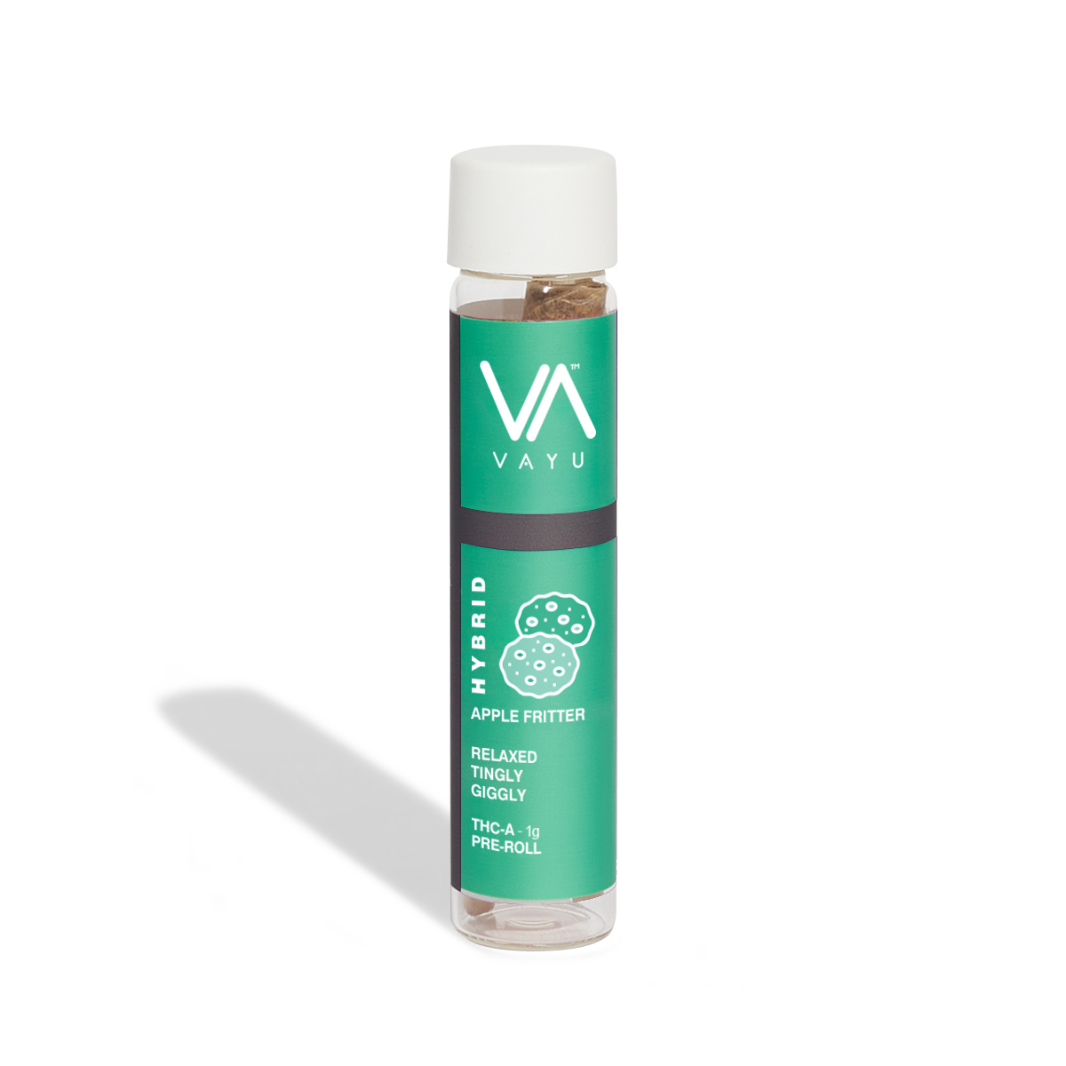 VAYU hybrid Apple Fritter vape cartridge bottle with a white cap and green label featuring the VAYU logo.