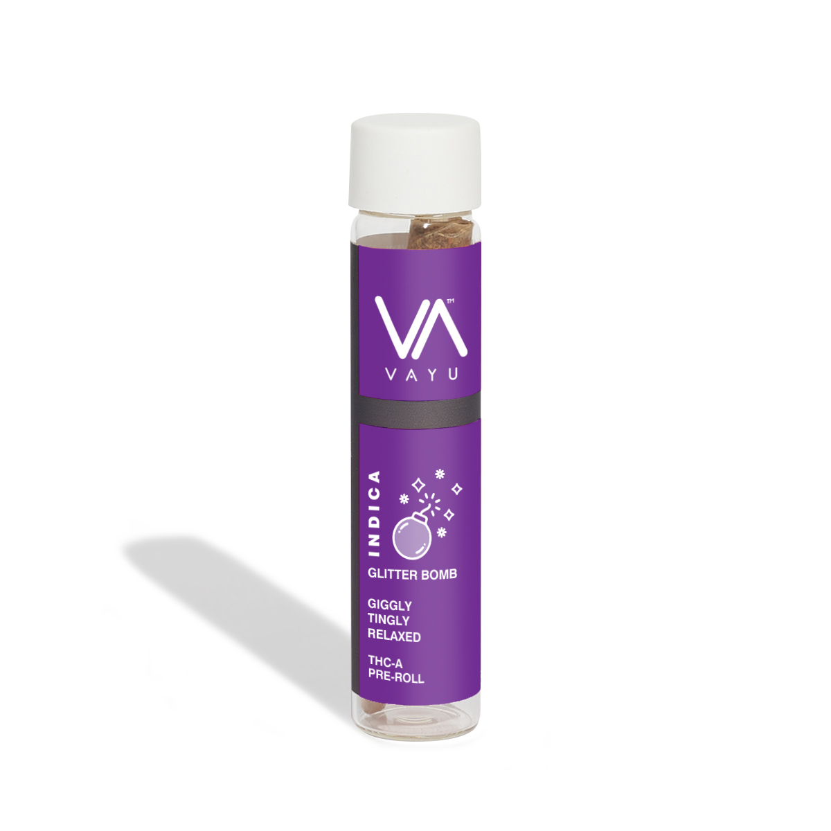 VAYU Indica Glitter Bomb cannabis product bottle with white cap and purple label