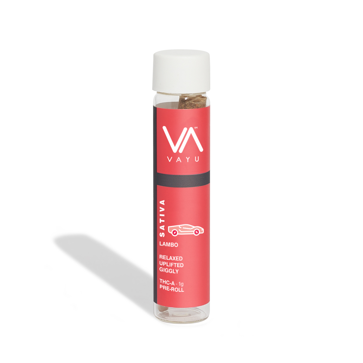 VAYU vape bottle with red label, white cap, and a car icon; text reads SATIVA and Lambo on the red sleeve.