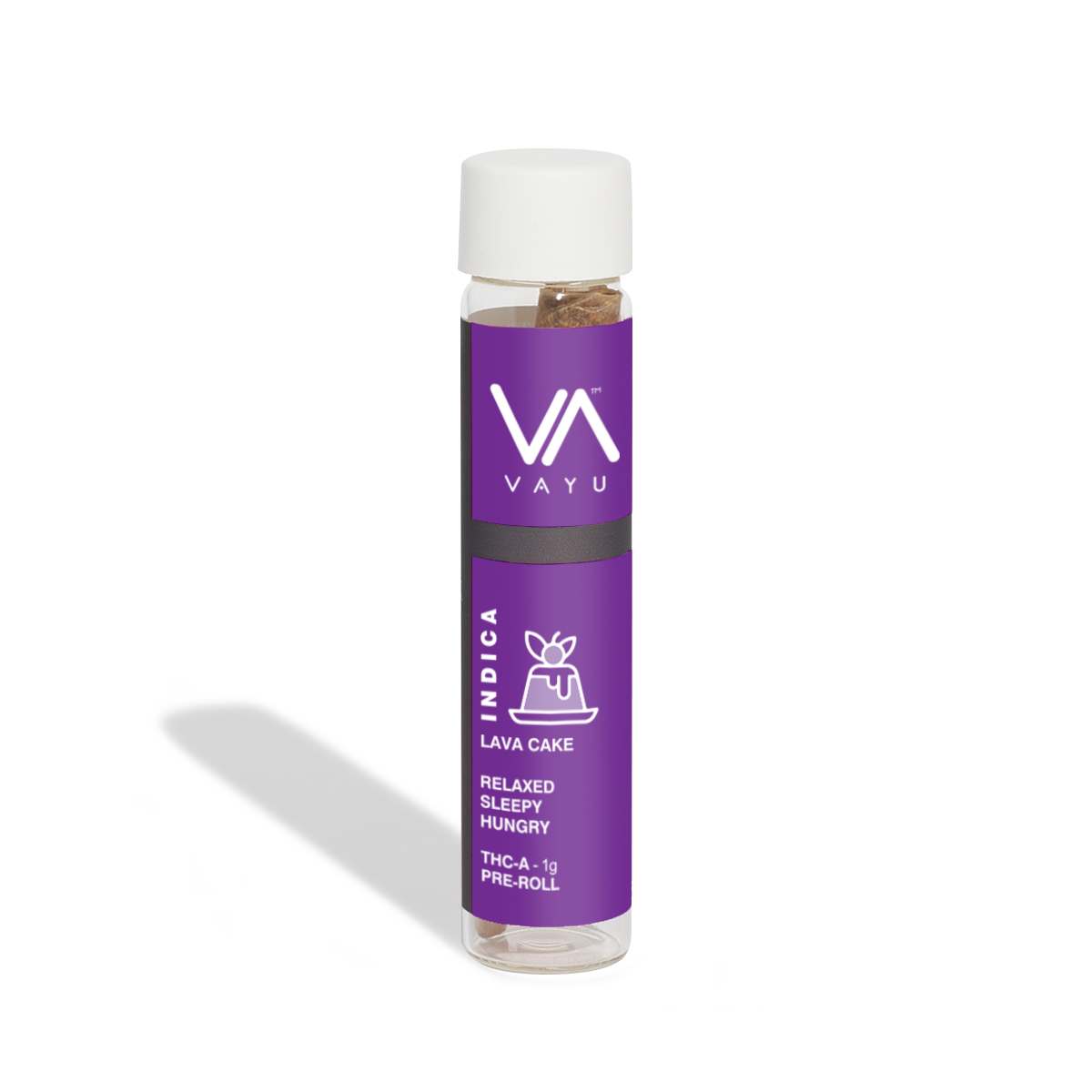 Vayu indica lava cake pre-roll bottle with purple label and white cap, showing a small glass tube and label text.