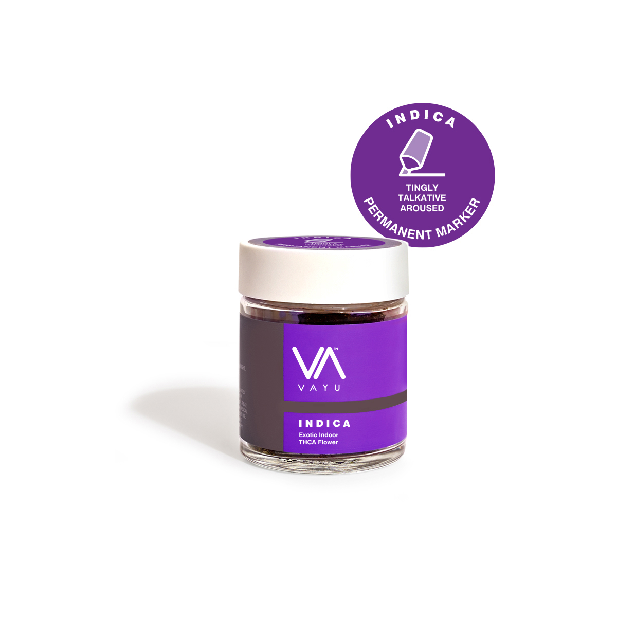 Jar of VAYU Indica THCA flower with white cap and purple label, shown with an Indica badge badge beside it, indicating variety.