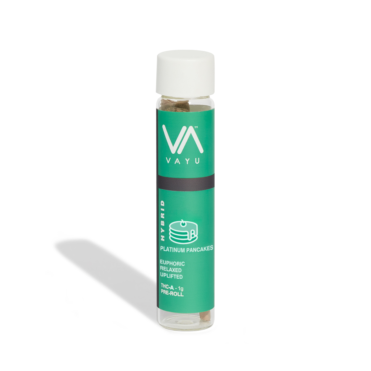 Teal-labeled vape cartridge bottle with a white cap, brand VAYU, indicating a hybrid cannabis product (Platinum Pancakes).