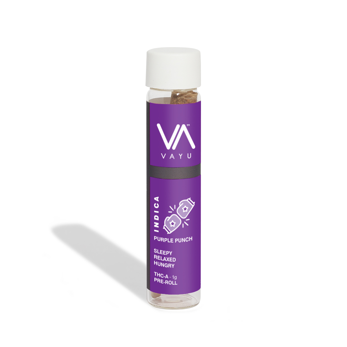 VAYU Indica Purple Punch pre-roll bottle with white cap and purple label showing the logo and text.