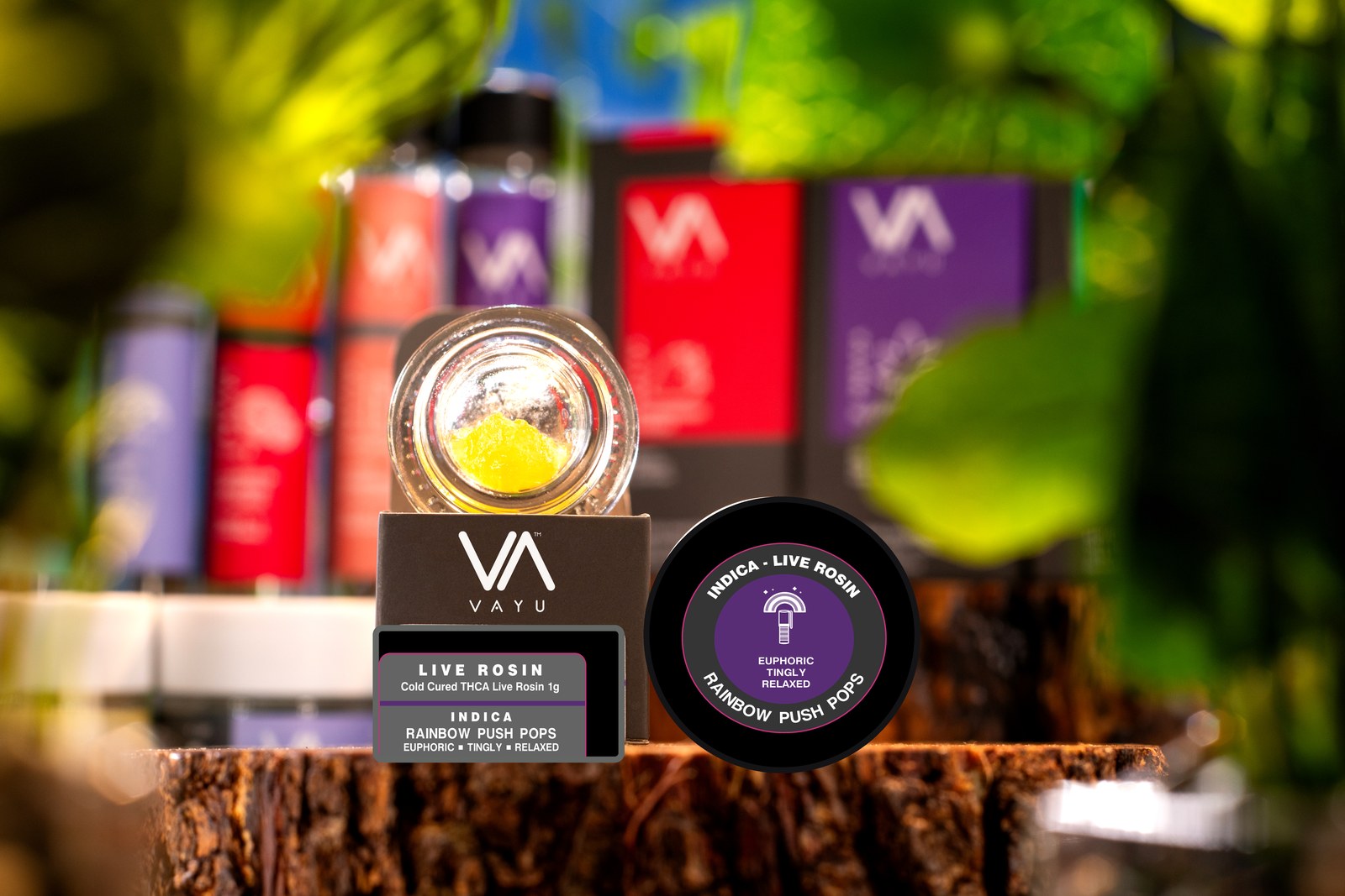 Small display of cannabis product packaging with 'VAYU' branding and a jar of rosin in front, plus a round tin labeled Indica Live Rosin Rainbow Push Pops.